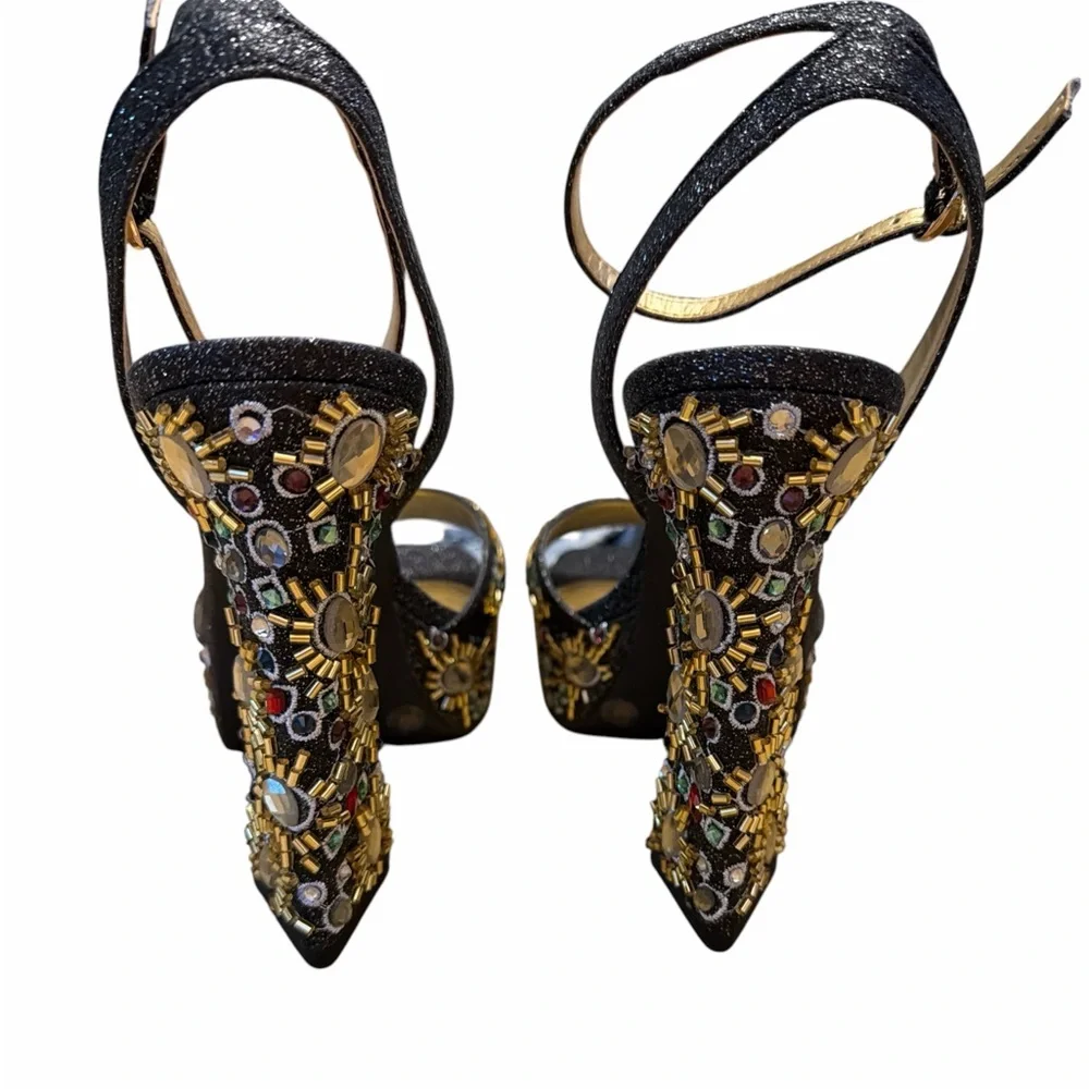 GB Rhinestone Embellished Platform Heels Black Statement Sandals Size 9 NWOB